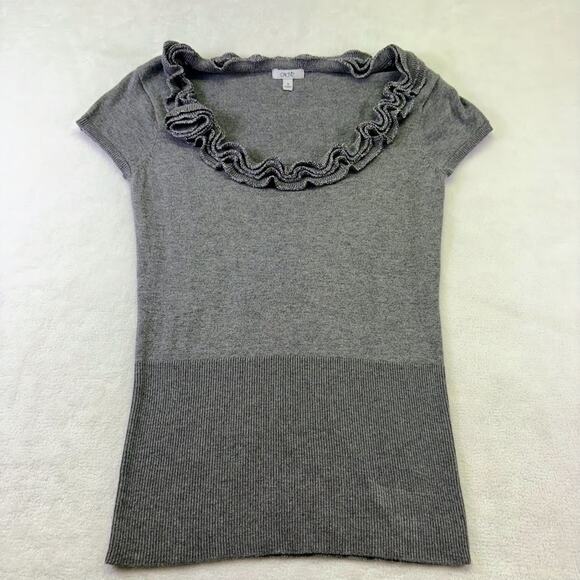Cache Y2K Metallic Ruffle Collar Short Sleeve Fitted Sweater Gray Silver Size S - Picture 1 of 10